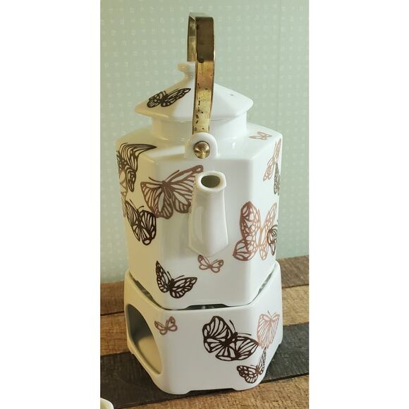Tea Set Teapot Warmer Sato Gordon Collection Six Cups Brown Gold Butterflies - Picture 6 of 14